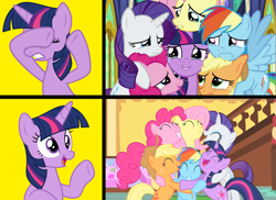 Size: 1815x1320 | Tagged: safe, edit, edited screencap, imported from derpibooru, screencap, applejack, fluttershy, pinkie pie, rainbow dash, rarity, twilight sparkle, season 1, season 9, the cutie mark chronicles, the last problem, spoiler:s09, crying, crylight sparkle, drama, fluttercry, grin, group hug, hug, mane six, op can't let go, op has an opinion, op is a duck, op is on drugs, op is trying to start shit, op is trying to start shit so badly that it's kinda funny, op isn't even trying anymore, op needs to stop, op wants attention, sadbow dash, sadjack, smiling