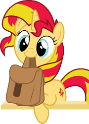 Size: 383x531 | Tagged: safe, artist:equestriadaily, imported from derpibooru, sunset shimmer, pony, unicorn, bag, meta, mouth hold, saddle bag, smiling, solo, to saddlebags and back again, twitter