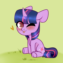 Size: 1024x1024 | Tagged: safe, artist:maryzet, edit, editor:anonymous, imported from twibooru, twilight sparkle, pony, unicorn, /mlp/, :p, blushing, chibi, curved horn, cute, female, grass, heart, horn, image, looking at you, mare, one eye closed, png, sitting, solo, tongue out, twiabetes, unicorn twilight, unofficial edits thread, wink, winking at you