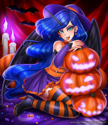 Size: 830x962 | Tagged: safe, artist:racoonsan, imported from derpibooru, nightmare moon, human, candle, candy, clothes, ear piercing, earring, female, food, halloween, hat, high heels, holiday, horn, horned humanization, humanized, jack-o-lantern, jewelry, open mouth, piercing, pumpkin, shoes, socks, stockings, thigh highs, tongue out, witch hat