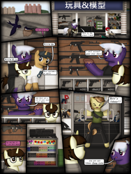 Size: 1750x2333 | Tagged: safe, artist:99999999000, imported from derpibooru, oc, oc only, oc:cwe, oc:firearm king, oc:zhang cathy, bird, pony, comic:visit, ak-47, ar15, assault rifle, clothes, comic, glasses, gun, handgun, here's johnny, mp5, pistol, rifle, weapon