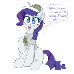 Size: 1280x1280 | Tagged: safe, artist:confetticakez, imported from derpibooru, rarity, pony, unicorn, blushing, cap, casual friday, clothes, fashion disaster, female, garfield, hat, mare, shirt, simple background, solo, speech bubble, t-shirt, white background, wingding eyes