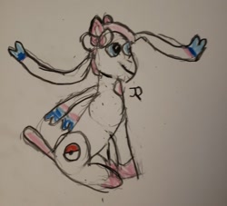 Size: 1128x1024 | Tagged: safe, artist:joeydr, imported from ponybooru, pony, sylveon, newbie artist training grounds, pokéball, pokémon, ponified, signature, simple background, solo, traditional art