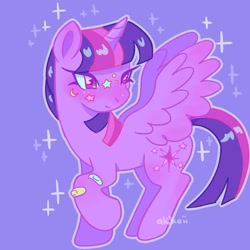Size: 1080x1080 | Tagged: safe, artist:akiikoii, imported from twibooru, twilight sparkle, alicorn, pony, bandaid, colored pupils, female, image, mare, moon, needs more jpeg, simple background, smiling, solo, sparkles, stars, sticker, twilight sparkle (alicorn), wings