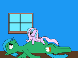 Size: 1500x1125 | Tagged: safe, artist:blazewing, imported from derpibooru, oc, oc only, oc:maggie, oc:pastel macaroon, earth pony, pegasus, pony, atg 2021, belly, belly bed, chubby, colored background, fat, female, filly, foal, foalsitter, freckles, impossibly large belly, lying down, lying on top of belly, mare, newbie artist training grounds, on back, smiling, tired, window