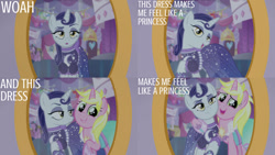 Size: 1280x720 | Tagged: safe, edit, edited screencap, editor:quoterific, imported from derpibooru, screencap, lily love, moonlight raven, sunshine smiles, pony, unicorn, canterlot boutique, season 5, clothes, dress, duo focus, female, mare, mirror, open mouth, siblings, sisters, smiling