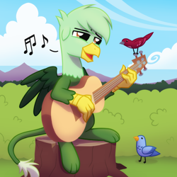 Size: 2048x2048 | Tagged: safe, artist:whitequartztheartist, imported from derpibooru, oc, oc only, oc:gregory griffin, bird, griffon, griffon oc, guitar, high res, mountain, music notes, musical instrument, scenery, singing, solo, tree stump