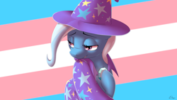 Size: 3840x2160 | Tagged: safe, artist:dmann892, imported from derpibooru, trixie, pony, unicorn, brooch, cape, clothes, female, hat, high res, jewelry, mare, pride, pride flag, solo, trans female, trans trixie, transgender, transgender pride flag, trixie's brooch, trixie's cape, trixie's hat