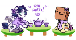 Size: 1500x800 | Tagged: safe, artist:lunnita_pony, artist:paperbagpony, imported from derpibooru, oc, oc:lunnita, oc:paper bag, earth pony, pegasus, pony, bow, collaboration, cup, fake cutie mark, tea party, teacup