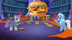 Size: 1280x720 | Tagged: safe, artist:heyitshayburgers, edit, edited screencap, imported from derpibooru, screencap, maud pie, trixie, earth pony, unicorn, season 7, uncommon bond, burger, cheeseburger, food, hamburger, mcdonald's, mcrib