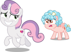 Size: 2441x1783 | Tagged: safe, artist:chrzanek97, edit, editor:slayerbvc, imported from derpibooru, vector edit, cozy glow, sweetie belle, pegasus, unicorn, angry, awkward smile, cozy glow is best facemaker, cozy glow is not amused, cute, cutie mark, diasweetes, female, filly, freckles, looking back, running, sheepish grin, simple background, smiling, the cmc's cutie marks, transparent background, vector