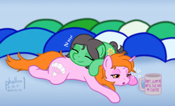 Size: 1000x603 | Tagged: safe, artist:phallen1, imported from derpibooru, oc, oc only, oc:maya northwind, oc:sadie michaels, earth pony, pony, unicorn, :o, atg 2021, coffee mug, duo, duo female, earth pony oc, eyes closed, female, females only, horn, lying down, mare, mug, newbie artist training grounds, onomatopoeia, open mouth, ponified oc, prone, sleeping, smiling, sound effects, sploot, tired, unicorn oc, zzz