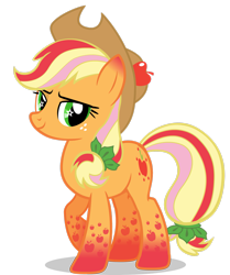 Size: 2239x2679 | Tagged: safe, artist:jakeneutron, imported from derpibooru, applejack, earth pony, pony, twilight's kingdom, alternate hairstyle, alternate tailstyle, applejack's hat, cowboy hat, female, gradient ears, gradient hooves, hat, high res, lidded eyes, looking at you, mare, puppet, rainbow power, rainbow power-ified, simple background, smiling, smiling at you, solo, transparent background, vulgar source