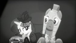 Size: 1280x720 | Tagged: safe, artist:heyitshayburgers, edit, edited screencap, imported from derpibooru, screencap, rarity, pony, unicorn, rarity investigates, season 5, burger, cheeseburger, food, grayscale, guard, hamburger, monochrome