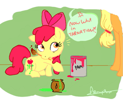 Size: 597x484 | Tagged: safe, artist:armapillow, imported from derpibooru, apple bloom, applejack, earth pony, pony, bodypaint, cutie mark, fake cutie mark, female, filly, mare, paint, speech bubble, surprised