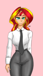 Size: 1000x1750 | Tagged: safe, artist:zachc, imported from derpibooru, sunset shimmer, human, alternate clothes, clothes, female, humanized, looking at you, necktie, solo