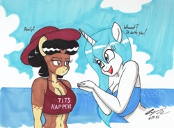 Size: 2626x1928 | Tagged: safe, artist:newyorkx3, imported from derpibooru, oc, oc only, oc:crystal, oc:yuki, anthro, earth pony, unicorn, anthro oc, beach, bikini, bikini top, busty crystal, clothes, dialogue, digital art, earth pony oc, female, hat, horn, mare, swimsuit, traditional art, unamused, unicorn oc