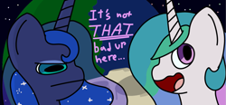 Size: 1507x700 | Tagged: safe, artist:melodysketch, imported from derpibooru, princess celestia, princess luna, alicorn, pony, cel shading, cell shaded, dialogue, duo, duo female, female, luna is not amused, missing accessory, moon, on the moon, planet, simple shading, space, unamused