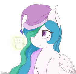 Size: 2480x2410 | Tagged: safe, artist:drawalaverr, imported from derpibooru, princess celestia, alicorn, pony, coffee, coffee cup, coffee mug, cup, fanart, female, frown, hair over one eye, hat, high res, magic, mare, mug, nightcap, one eye covered, quadrupedal, simple background, sleepy, solo, telekinesis, white background, wings