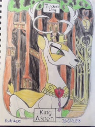 Size: 1936x2592 | Tagged: safe, artist:artistic20xl, imported from derpibooru, king aspen, deer, jewelry, male, regalia, smiling, solo, thicket city, traditional art