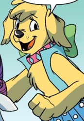 Size: 866x1255 | Tagged: safe, artist:briannacherrygarcia, idw, imported from derpibooru, diamond dog, spoiler:comic, spoiler:comicannual2021, bipedal, clothes, collar, female, female diamond dog, fiona floppyears, now, season 10, smiling, solo focus, vest