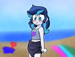 Size: 1560x1181 | Tagged: safe, artist:zutcha, imported from derpibooru, shining armor, human, equestria girls, beach, beach towel, blurry background, blushing, bucket, equestria guys, female, gleaming shield, rule 63, solo