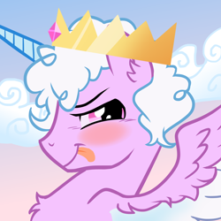 Size: 1920x1920 | Tagged: safe, artist:melonmilk, derpibooru exclusive, imported from derpibooru, oc, oc only, oc:dewy downcast, alicorn, pony, alicorn oc, blushing, bust, cloud, crown, horn, jewelry, male, male alicorn, portrait, regalia, rule 63, show accurate, sky, sky background, solo, stallion, tongue out, wings