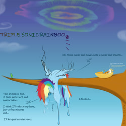 Size: 2000x2000 | Tagged: safe, artist:darksly, imported from derpibooru, rainbow dash, bird, pegasus, pony, atg 2021, double sonic rainboom, high res, melting, nest, newbie artist training grounds, onomatopoeia, sleeping, sonic rainboom, sound effects, sweat, this already ended in pain, tired, tree, triple rainboom, x eyes, zzz