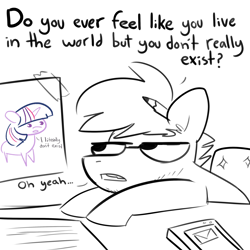 Size: 3000x3000 | Tagged: safe, artist:tjpones, imported from derpibooru, twilight sparkle, oc, oc:tjpones, earth pony, pony, unicorn, black and white, desk, dialogue, drawing, grayscale, high res, male, monochrome, neo noir, partial color, pencil, pencil behind ear, stallion, unicorn twilight