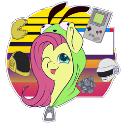 Size: 2160x2160 | Tagged: safe, artist:darmetyt, imported from derpibooru, fluttershy, anthro, pegasus, pony, ;p, antonymph, companion cube, daft punk, female, fluttgirshy, game boy, gir, high res, mare, one eye closed, pac-man, portal (valve), simple background, solo, tongue out, transparent background, vaporwave, zipper