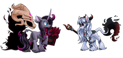 Size: 3400x1600 | Tagged: safe, artist:redahfuhrerking, imported from derpibooru, fhtng th§ ¿nsp§kbl, oleander, oc, oc:silver scorch, classical unicorn, kirin, pony, unicorn, them's fightin' herds, book, cloven hooves, community related, leonine tail, oleander (tfh), simple background, staff, transparent background, unicornomicon, unshorn fetlocks