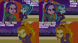 Size: 1280x720 | Tagged: safe, edit, edited screencap, editor:quoterific, imported from derpibooru, screencap, adagio dazzle, aria blaze, sonata dusk, equestria girls, rainbow rocks, cafeteria, clothes, crossed arms, eyes closed, female, jacket, open mouth, teeth, the dazzlings