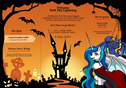 Size: 1792x1244 | Tagged: safe, artist:x-fang-z, imported from derpibooru, oc, oc only, oc:dark sky lightning, oc:reconcile ribbon, bat pony, ghost, pony, undead, bat pony oc, bat wings, castle, clothes, fangs, female, gravestone, halloween, mare, text, wings