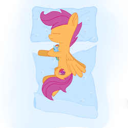 Size: 3600x3600 | Tagged: safe, artist:_rynn, imported from derpibooru, rainbow dash, scootaloo, pegasus, pony, blanket, ear fluff, eyes closed, female, filly, foal, high res, lying down, on side, pillow, plushie, rainbow dash plushie, sleeping, smiling, solo, spread wings, the cmc's cutie marks, wings