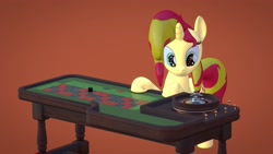 Size: 3820x2160 | Tagged: safe, artist:wissle, imported from derpibooru, sunset shimmer, pony, unicorn, 3d, atg 2021, blender, female, gambling, high res, mare, newbie artist training grounds, roulette, simple background, smiling, solo, winning