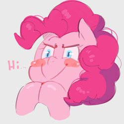 Size: 900x900 | Tagged: safe, artist:talimingi, imported from derpibooru, pinkie pie, earth pony, pony, blushing, bust, hi, hooves together, mischievous, mischievous grin, simple background, smiling