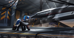 Size: 3000x1543 | Tagged: safe, artist:redchetgreen, imported from derpibooru, oc, oc only, oc:cloud zapper, pegasus, pony, butt, clothes, hangar, helmet, male, mass effect, normandy, plot, slim, solo, spaceship, stallion, suit, thin
