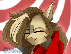 Size: 1708x1306 | Tagged: safe, artist:mediasmile666, imported from derpibooru, oc, oc only, pony, abstract background, bust, clothes, eyes closed, female, mare, scarf, smiling, solo, tongue out