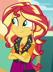 Size: 320x438 | Tagged: safe, imported from derpibooru, screencap, sunset shimmer, equestria girls, equestria girls series, rollercoaster of friendship, clothes, cropped, crossed arms, cute, cutie mark, cutie mark on clothes, female, geode of empathy, magical geodes, shimmerbetes, smiling, solo
