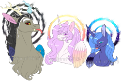 Size: 1113x743 | Tagged: safe, artist:malinraf1615, imported from derpibooru, discord, princess celestia, princess luna, alicorn, draconequus, pony, :p, bust, forked tongue, pink-mane celestia, portrait, s1 luna, tongue out, watermark, young, younger
