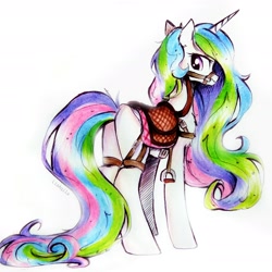 Size: 2646x2646 | Tagged: source needed, safe, artist:liaaqila, imported from derpibooru, princess celestia, alicorn, pony, bridle, butt, commission, female, harness, high res, looking back, mare, missing cutie mark, plot, reins, saddle, simple background, smiling, solo, stirrups, sunbutt, tack, traditional art, white background