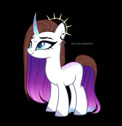 Size: 1080x1117 | Tagged: safe, artist:sia.brony, imported from derpibooru, oc, oc only, pony, unicorn, black background, colored hooves, ear piercing, earring, ethereal mane, eyelashes, eyeliner, female, horn, jewelry, makeup, mare, piercing, simple background, smiling, solo, starry mane, unicorn oc