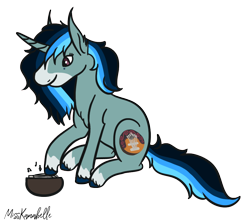 Size: 1030x908 | Tagged: safe, artist:misskanabelle, imported from derpibooru, oc, oc only, oc:arietta, pony, unicorn, bowl, chest fluff, ear fluff, female, horn, magical lesbian spawn, mare, offspring, parent:octavia melody, parent:vinyl scratch, parents:scratchtavia, signature, simple background, sitting, solo, transparent background, unicorn oc, unshorn fetlocks