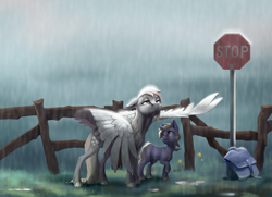 Size: 2768x2000 | Tagged: safe, artist:28gooddays, artist:holka13, imported from derpibooru, derpy hooves, dinky hooves, pegasus, pony, unicorn, bag, collaboration, daytime, duo, duo female, equestria's best mother, female, fence, filly, flower, high res, mare, mother and child, mother and daughter, puddle, rain, stop sign, wing umbrella, wings