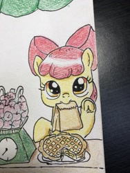 Size: 1536x2048 | Tagged: safe, artist:tmtmbrony, imported from derpibooru, apple bloom, earth pony, pony, apple, bag, cake, food, frog (hoof), looking at you, mouth hold, offscreen character, paper bag, pie, pov, scale, solo, traditional art, underhoof