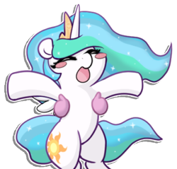 Size: 512x490 | Tagged: safe, artist:llametsul, imported from derpibooru, princess celestia, alicorn, pony, atg 2021, blushing, chibi, cute, cutelestia, cutie mark, holding a pony, newbie artist training grounds, simple background, sticker, transparent background, upsies