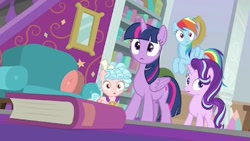 Size: 341x192 | Tagged: safe, imported from derpibooru, screencap, cozy glow, rainbow dash, starlight glimmer, twilight sparkle, alicorn, pegasus, pony, unicorn, school raze, season 8, spoiler:s08, book, female, filly, school of friendship, twilight sparkle (alicorn)