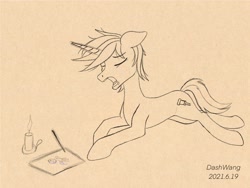 Size: 2224x1668 | Tagged: safe, artist:dash wang, imported from derpibooru, oc, oc only, oc:cream brun, pony, unicorn, candle, magic, pencil, sketch, solo, yawn