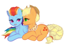 Size: 2488x1764 | Tagged: safe, artist:sannoe, imported from derpibooru, applejack, rainbow dash, pony, the last problem, appledash, clothes, cute, dashabetes, female, granny smith's shawl, jackabetes, lesbian, lying down, older, older applejack, older rainbow dash, open mouth, open smile, prone, shipping, simple background, smiling, sparkly eyes, white background, wingding eyes