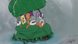 Size: 1699x956 | Tagged: safe, artist:skyresonance, imported from derpibooru, apple bloom, scootaloo, sweetie belle, earth pony, frog, pegasus, pony, unicorn, cutie mark crusaders, eyes closed, female, filly, leaf, micro, rain, smiling, trio